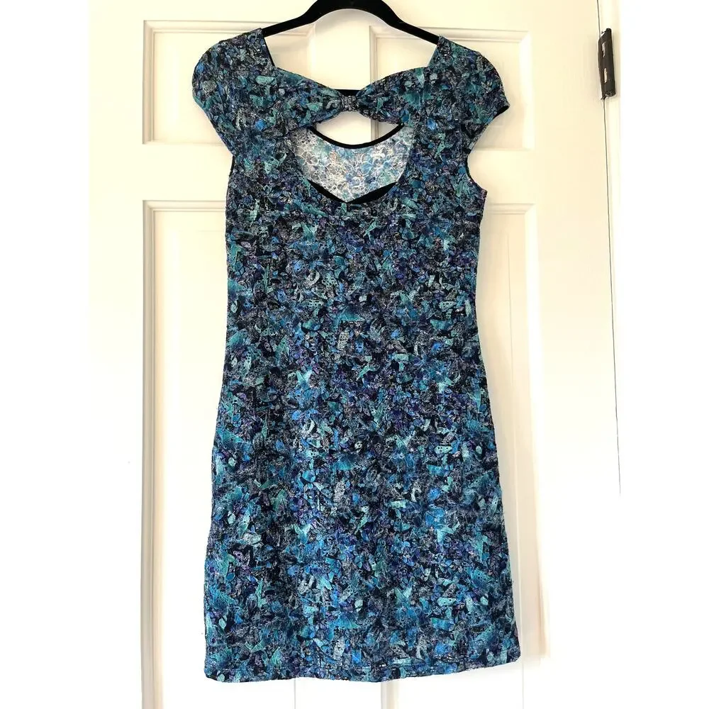 Free People Everything Nice Teal Lace Back Bow Cut Out Bodycon Dress Small 💙